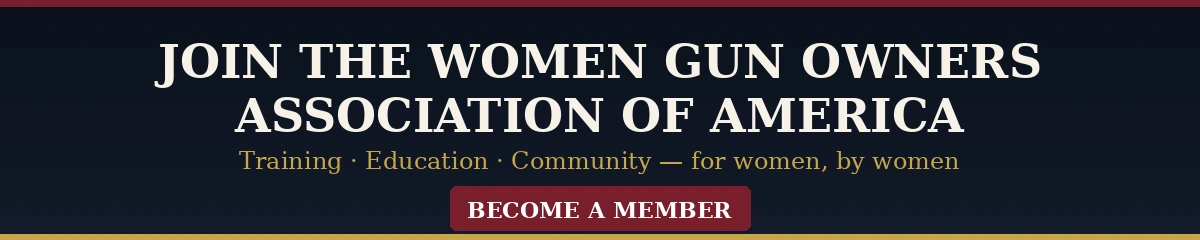 Banner inviting women to join the Women Gun Owners Association of America for training, education, and community