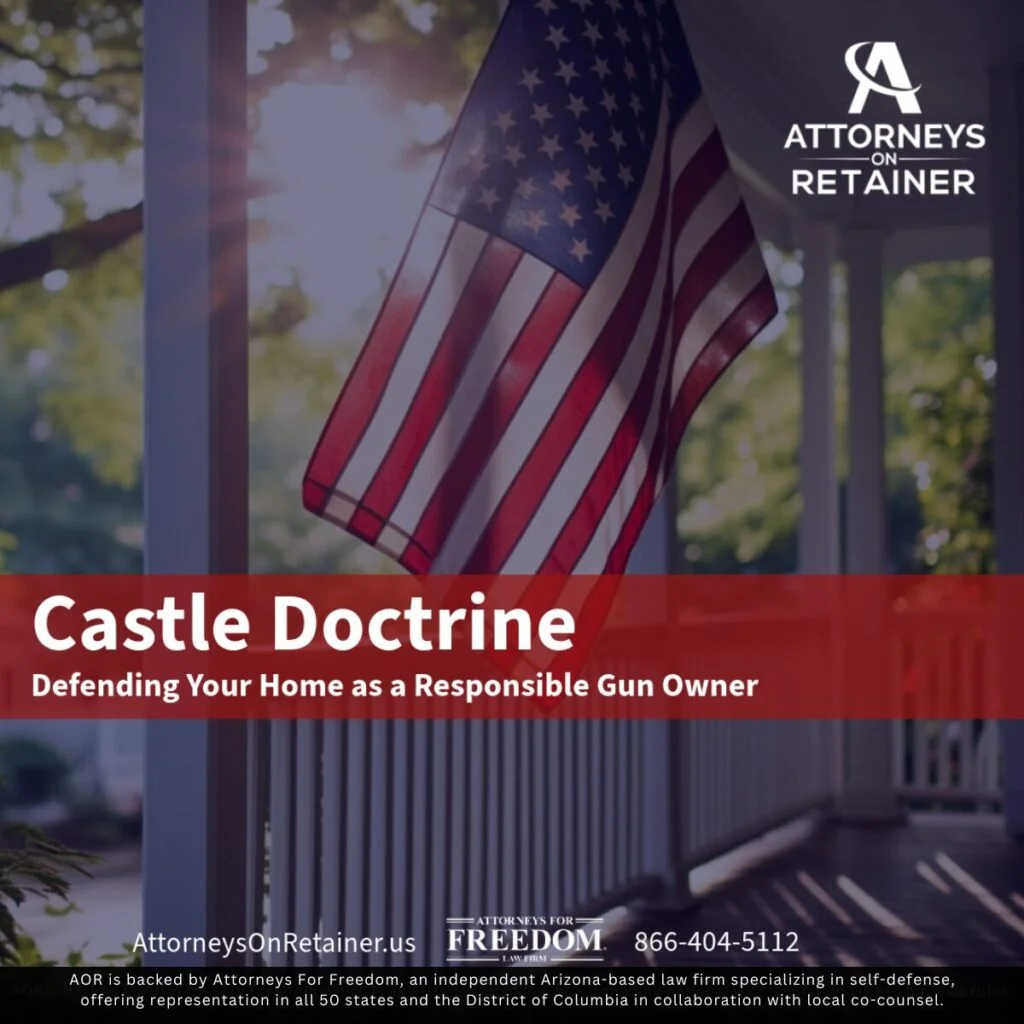 Castle Doctrine guide for responsible gun owners, with American flag and law firm branding.